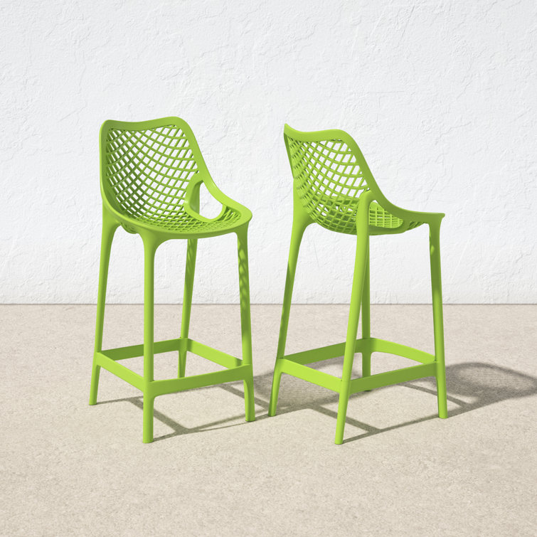 Tropical Green Plastic Outdoor Bar Stools with Footrest - Set of 2