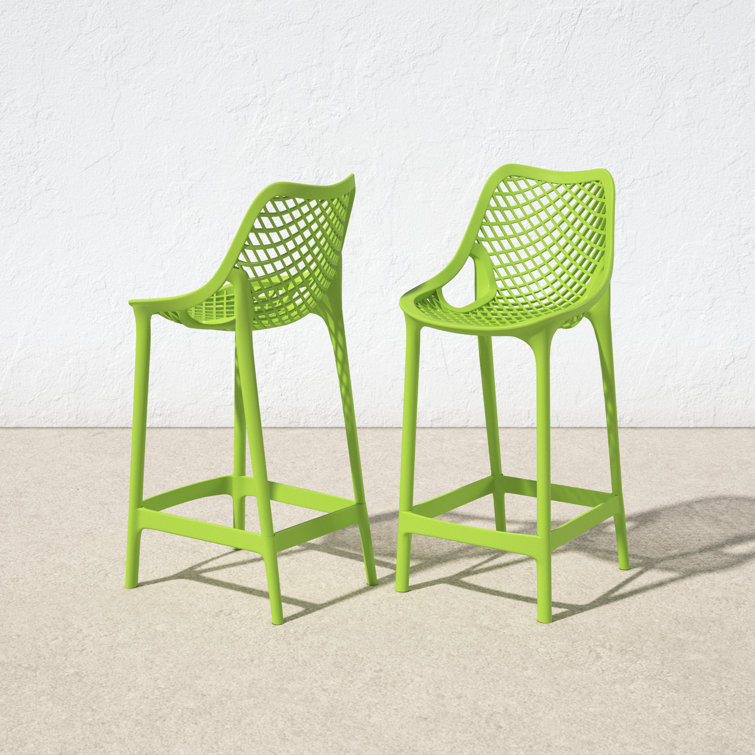 Tropical Green Plastic Outdoor Bar Stools with Footrest - Set of 2