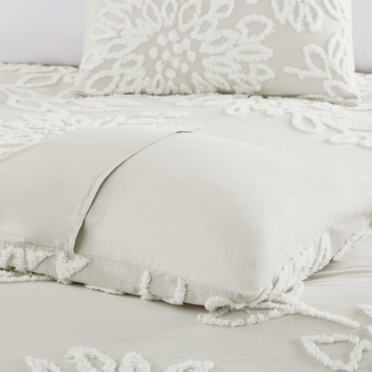 Off-White Cotton Chenille Floral Full/Queen Duvet Cover Set