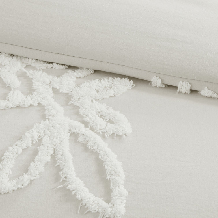 Off-White Cotton Chenille Floral Full/Queen Duvet Cover Set