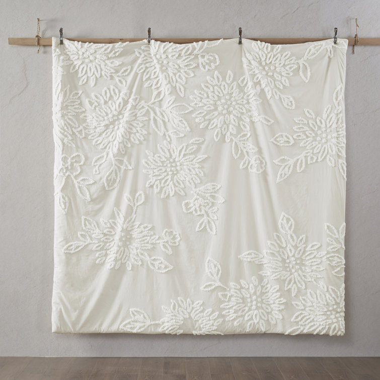 Off-White Cotton Chenille Floral Full/Queen Duvet Cover Set