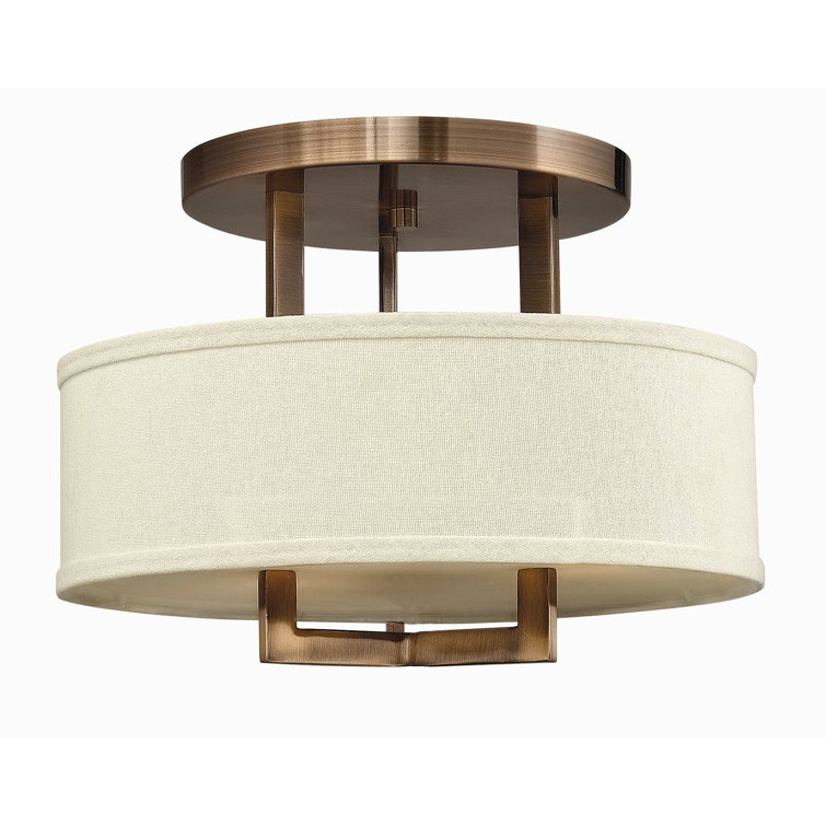 Brushed Bronze 26" Drum Semi-Flush Mount with Off-White Linen Shade