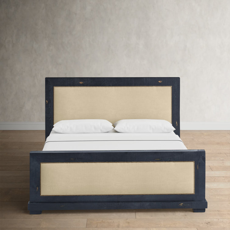 Rustic Pine King Upholstered Bed with Nailhead Trim and Storage