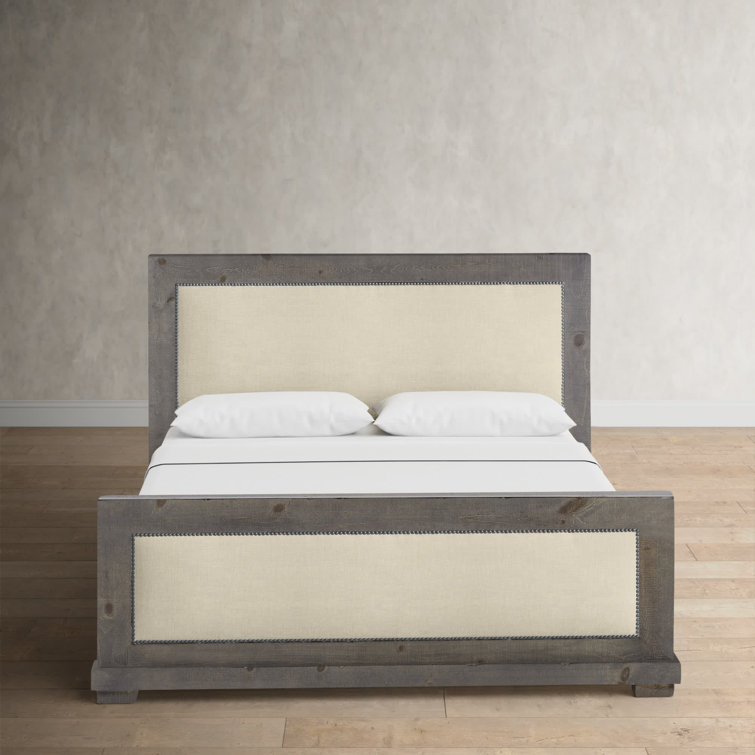 Transitional Beige & Gray Queen Upholstered Bed with Nailhead Trim