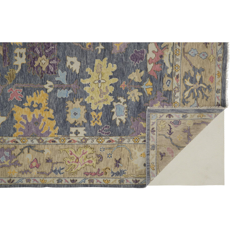 Karina Blue and Beige Floral Wool Runner Rug