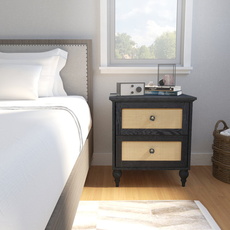 Transitional Black and Rattan 2-Drawer Nightstand with Lathe-Turned Feet