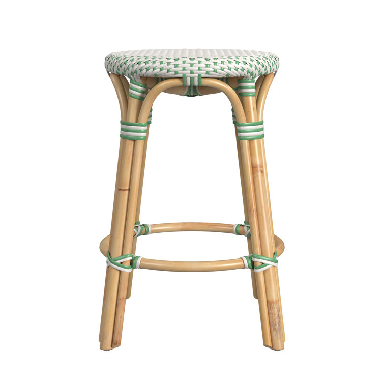 White and Green Dot Rattan Backless Counter Stool
