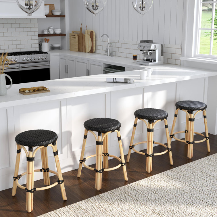 24" Black and Natural Rattan Backless Counter Stool