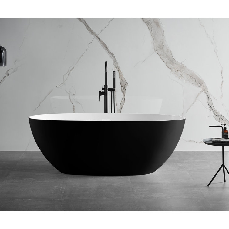 61.61'' Black and White Freestanding Resin Soaking Bathtub