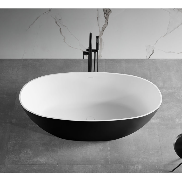 61.61'' Black and White Freestanding Resin Soaking Bathtub
