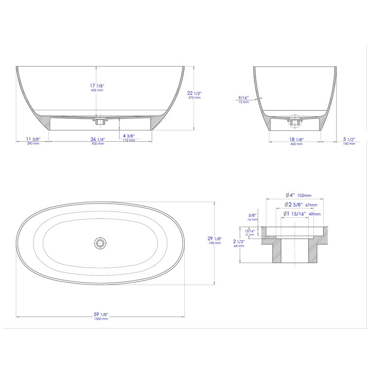 61.61'' Black and White Freestanding Resin Soaking Bathtub
