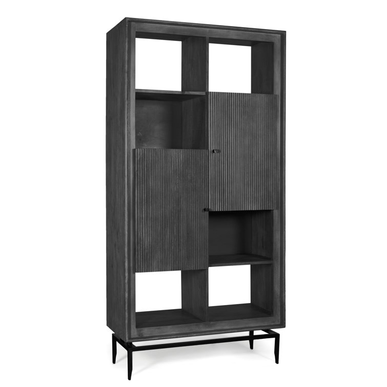 Modern Black Solid Wood Tall Accent Cabinet with Fluted Doors