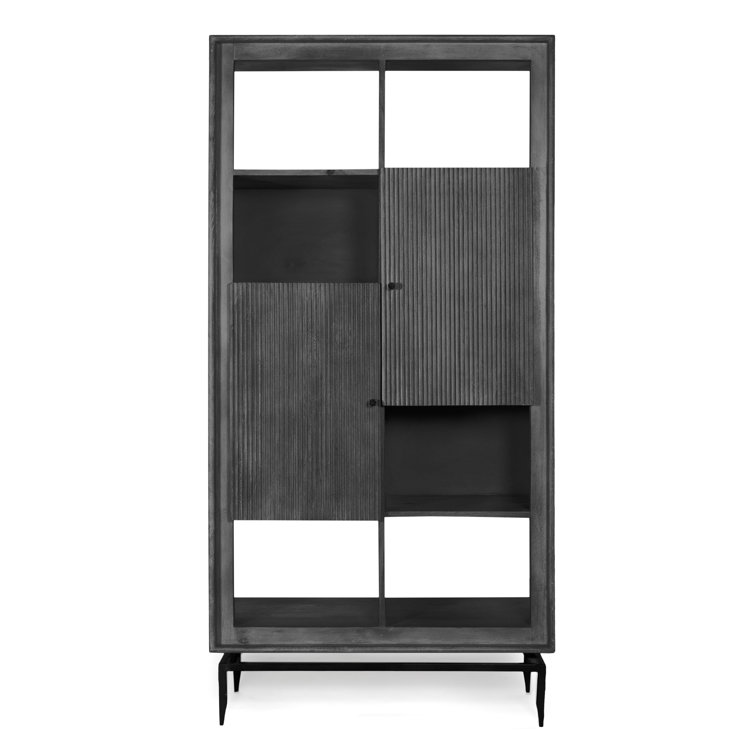 Modern Black Solid Wood Tall Accent Cabinet with Fluted Doors
