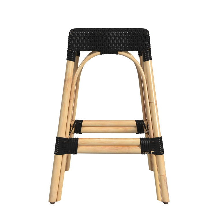Black and Natural Rattan Backless Counter Stool with Wooden Footrest