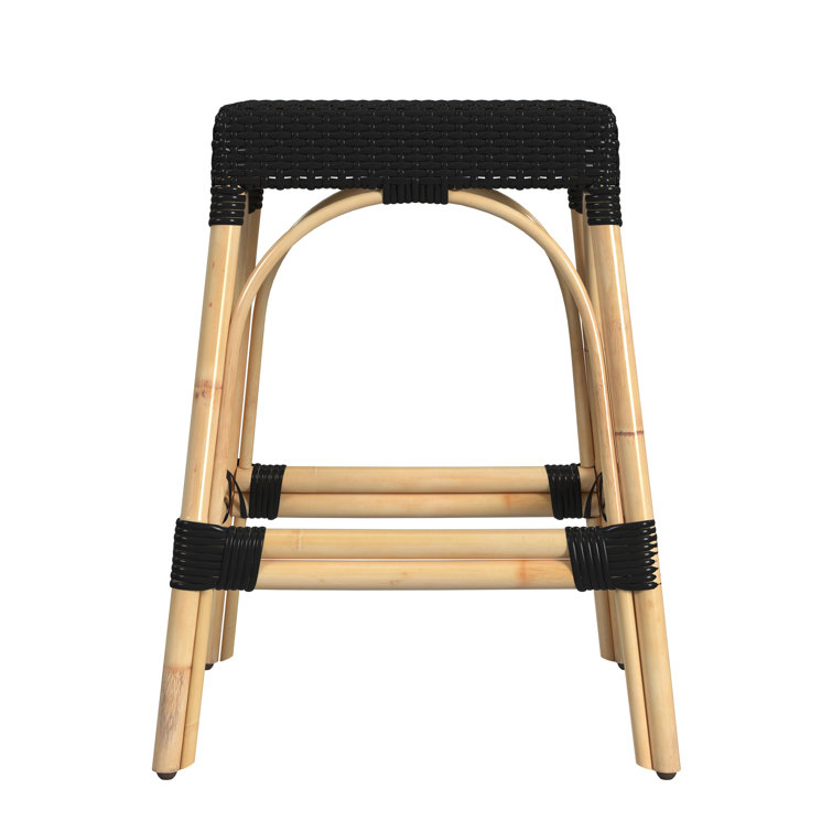 Black and Natural Rattan Backless Counter Stool with Wooden Footrest