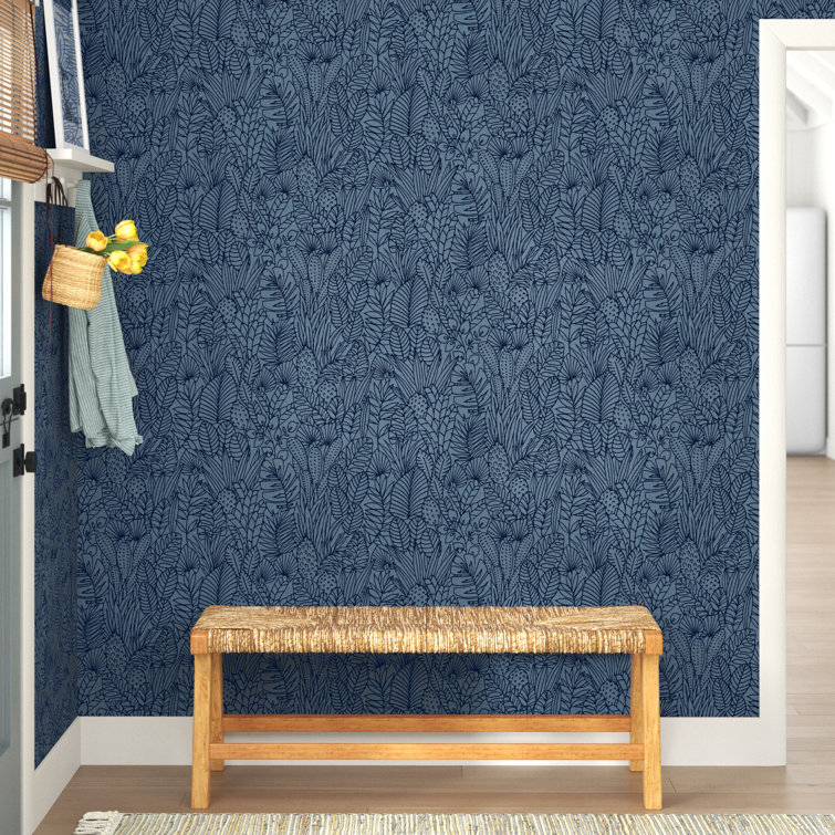 Blue and Navy Tropical Leaves Peel and Stick Wallpaper Roll