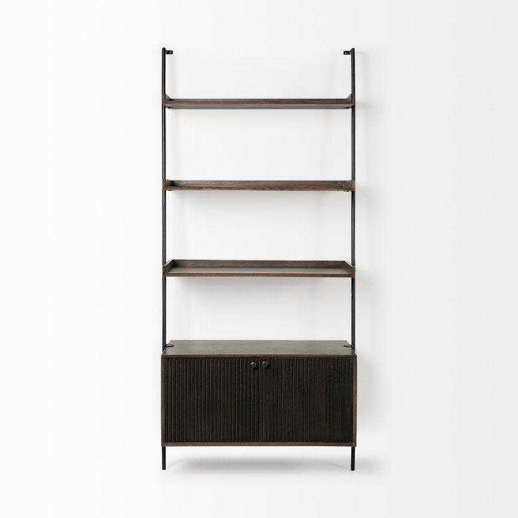 Mango Wood Ladder Bookcase with Dark Brown Cabinet