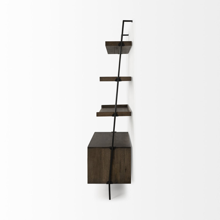 Mango Wood Ladder Bookcase with Dark Brown Cabinet