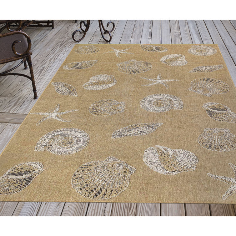 Sand and White Synthetic Coastal Rectangular Area Rug