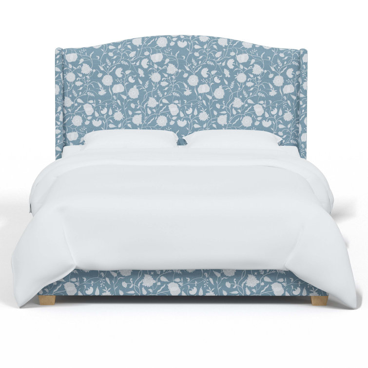 King Size Fritz Indigo Stripe Upholstered Wingback Bed