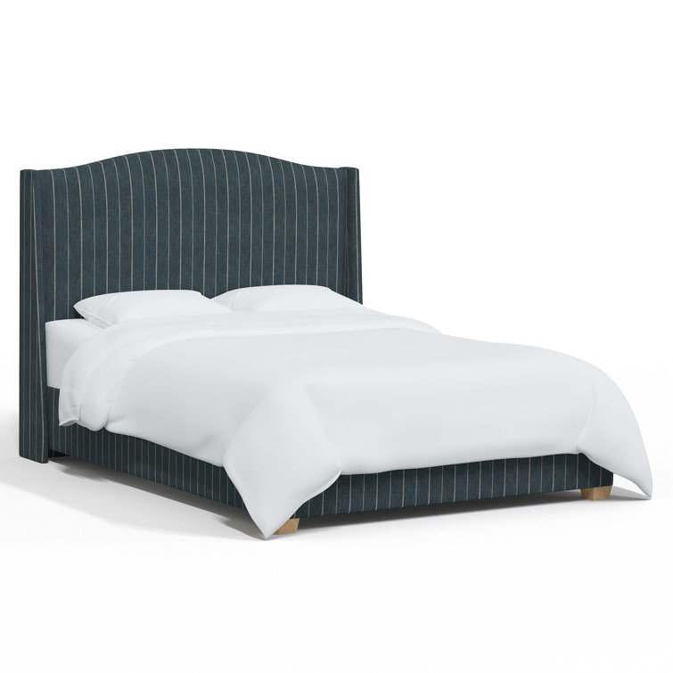 King Size Fritz Indigo Stripe Upholstered Wingback Bed