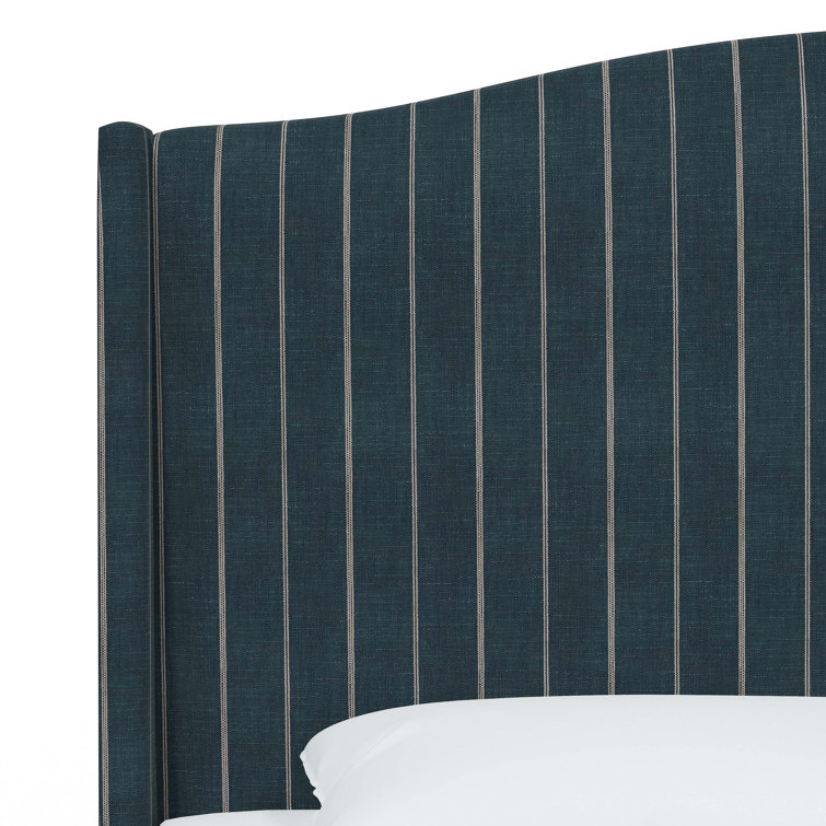 King Size Fritz Indigo Stripe Upholstered Wingback Bed