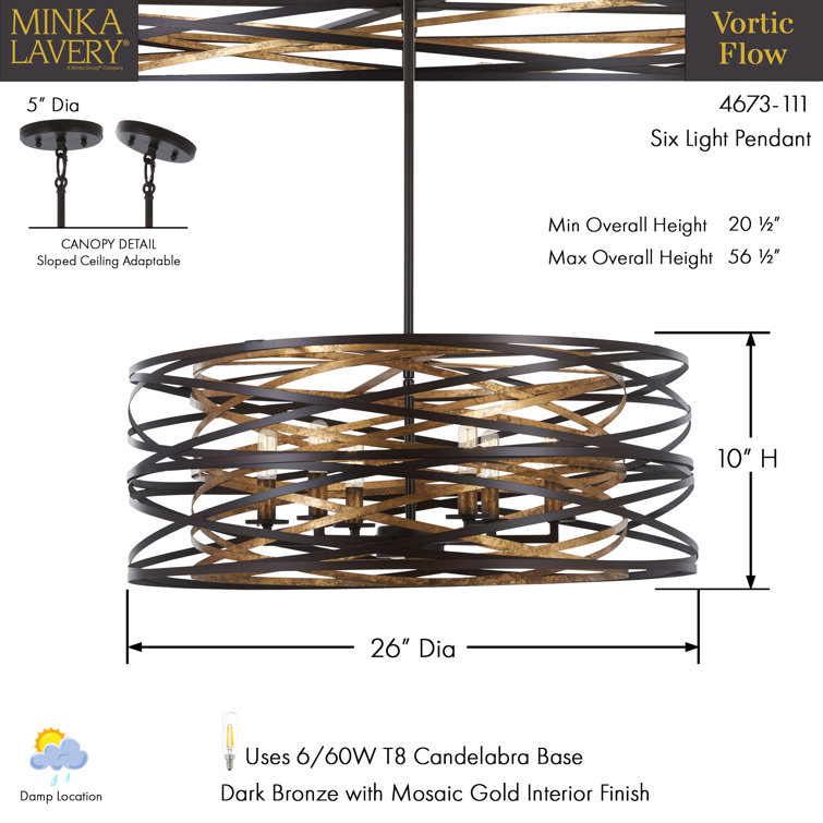 Vortic Flow 6-Light Contemporary Pendant in Dark Bronze with Mosaic Gold