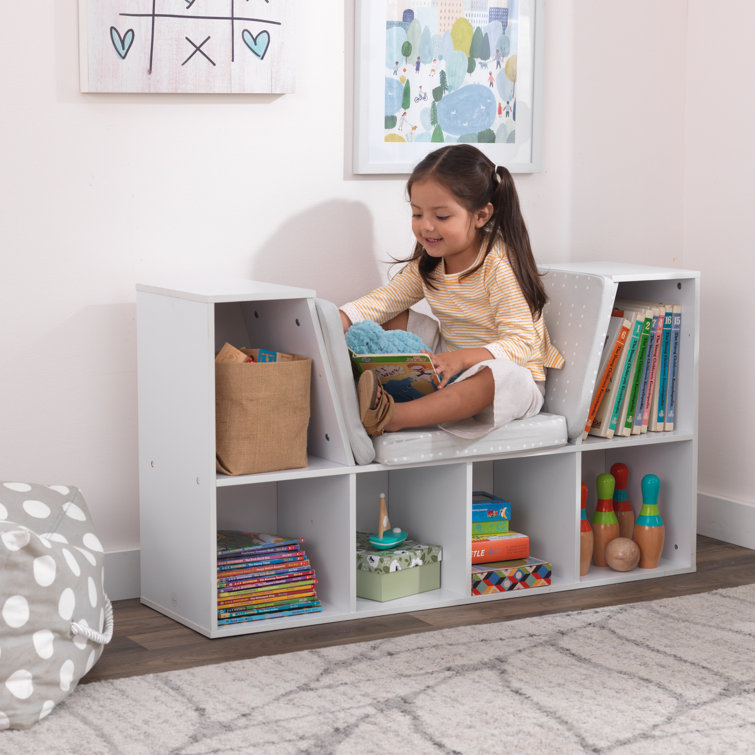 Transitional White Wooden Bookcase with Cozy Reading Nook for Kids