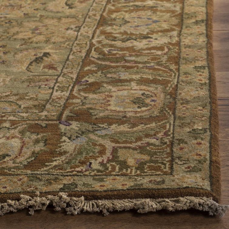 Hand-Knotted Light Green and Gold Wool Runner Rug
