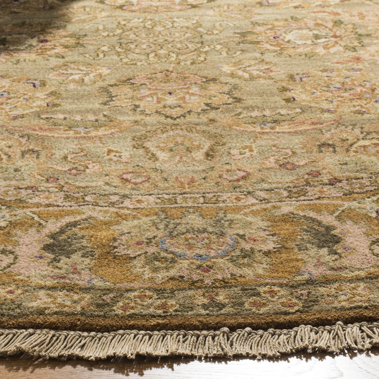 Hand-Knotted Light Green and Gold Wool Round Area Rug