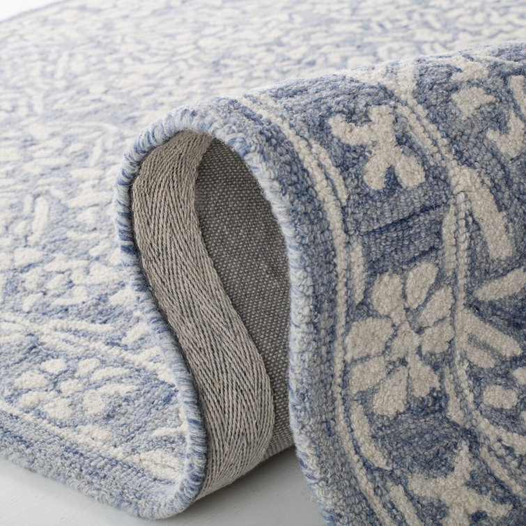Handmade Tufted Floral Wool Round Rug - 7' Blue/Ivory