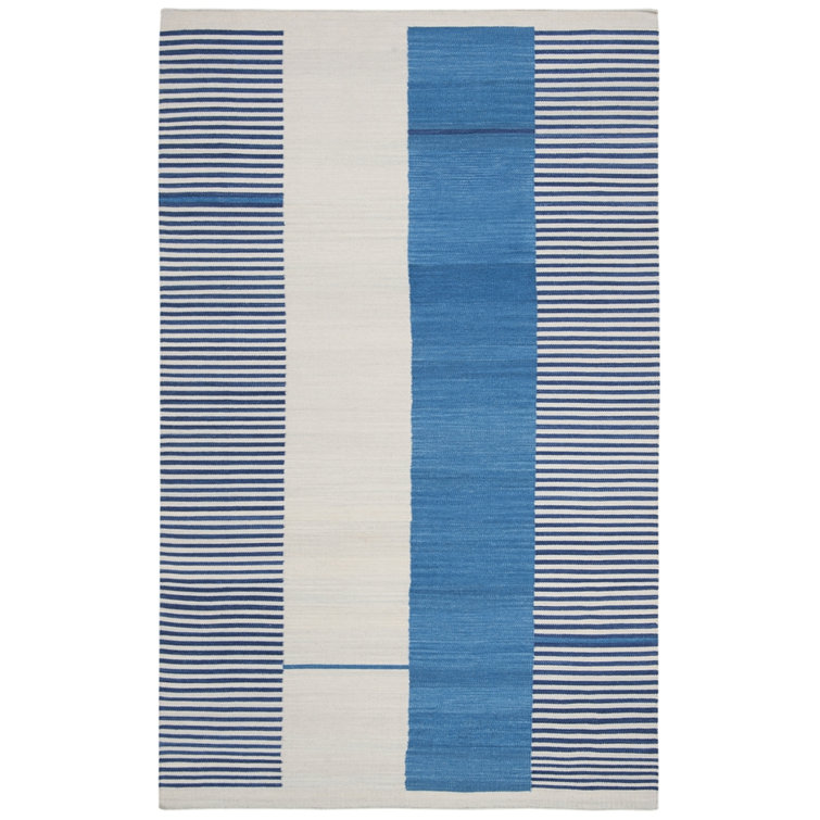 Aryn Stripe Blue and White Wool Flat Weave Rug