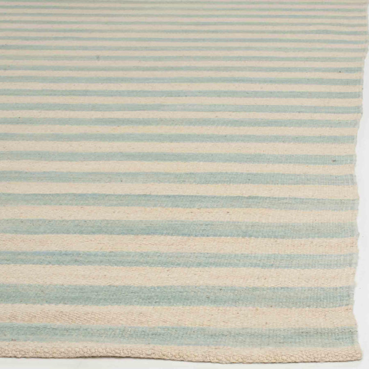 Small Sky Blue and White Wool Stripe Area Rug