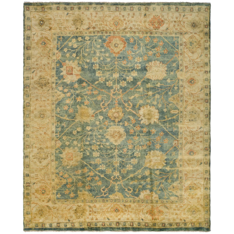 Hand-Knotted Medium Blue and Green Wool 4' x 6' Oriental Rug
