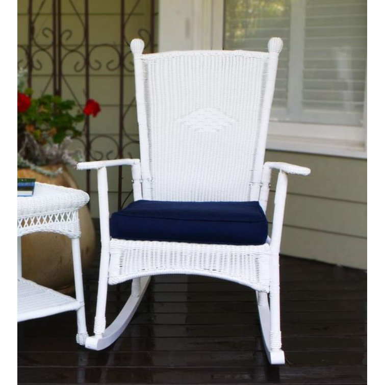 Portside Coastal White Wicker Rocking Chair with Navy Cushion