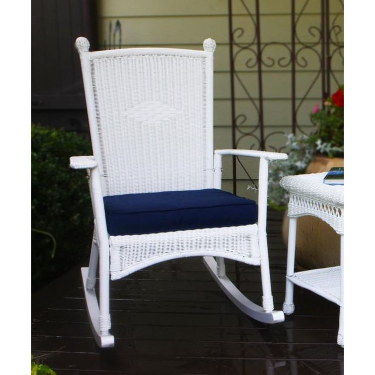 Portside Coastal White Wicker Rocking Chair with Navy Cushion