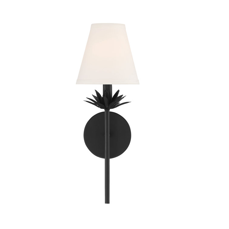 Matte Black Floral Bobeche Wall Sconce with White Linen Shade
