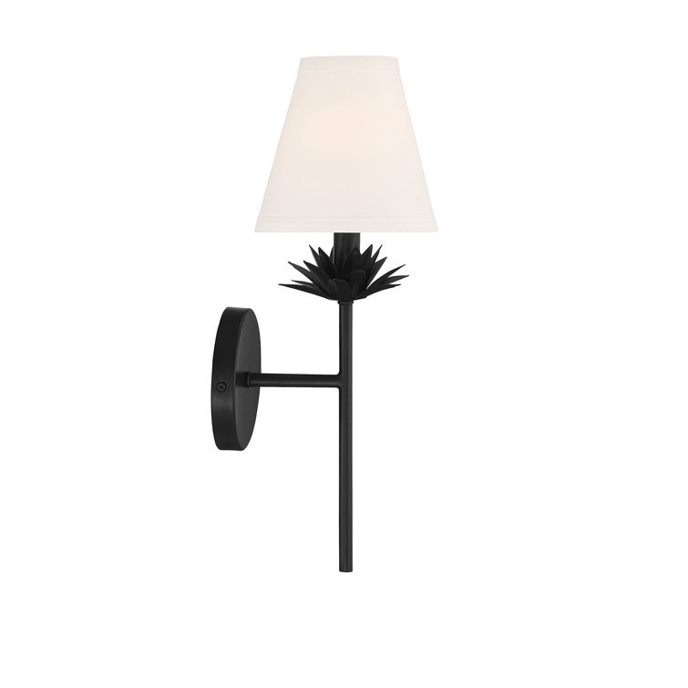 Matte Black Floral Bobeche Wall Sconce with White Linen Shade
