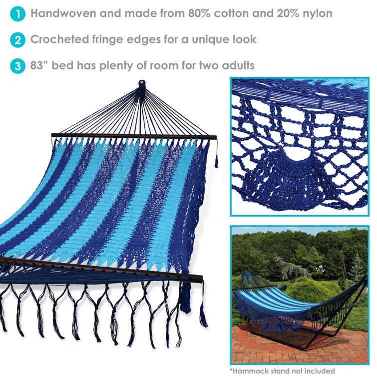 Blue Handwoven Cotton 2-Person Hammock with Spreader Bars