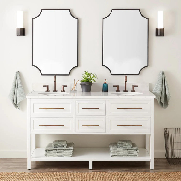 60" White Double Bathroom Vanity with Feathered Quartz Top