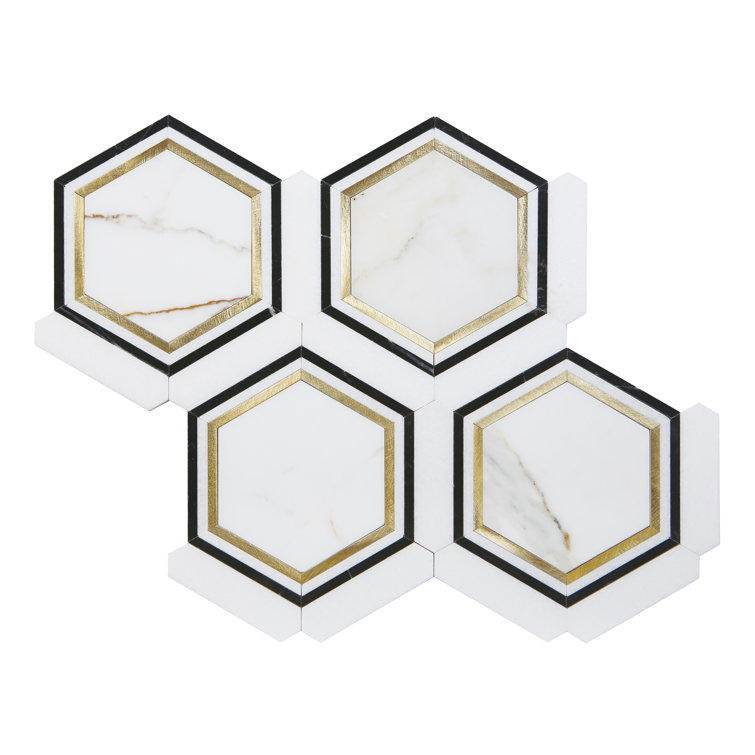 Calacatta Gold and Black Hexagon Mosaic Shower Tile