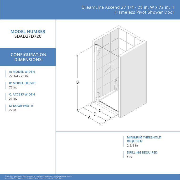 Ascend Chrome Frameless Pivot Shower Door, 28" x 72"