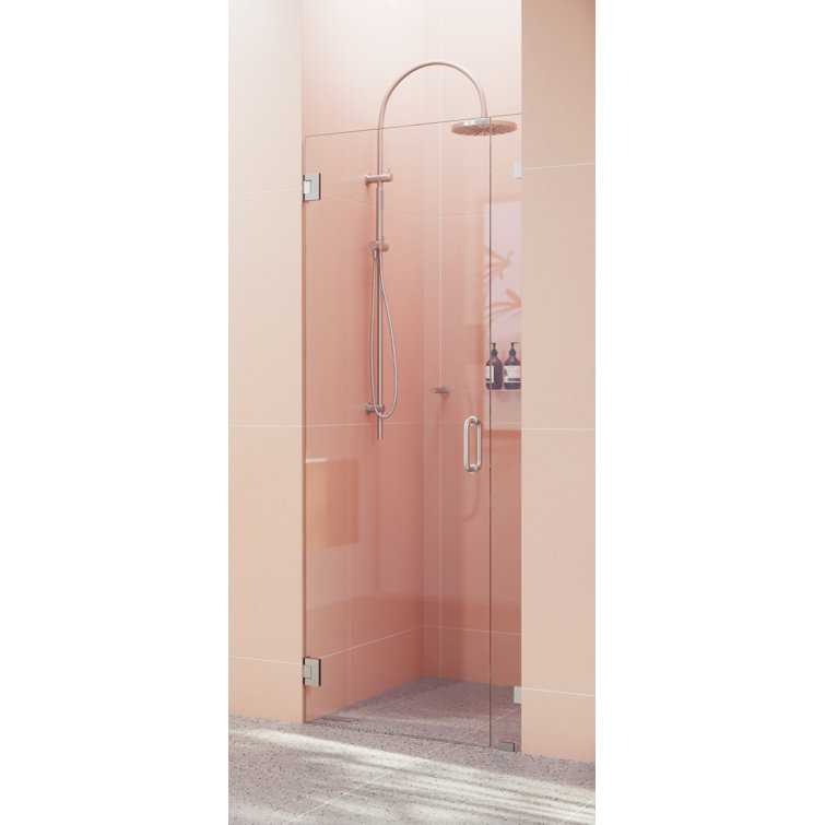 Illume Frameless Clear Glass Shower Door with Brushed Nickel Hardware