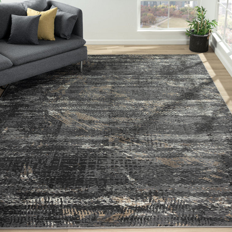 Gray and Black Abstract Rectangular Synthetic Area Rug