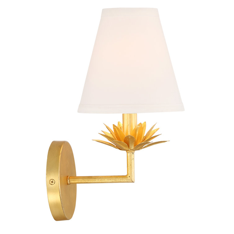 True Gold Floral Bobeche Wall Sconce with White Linen Shade