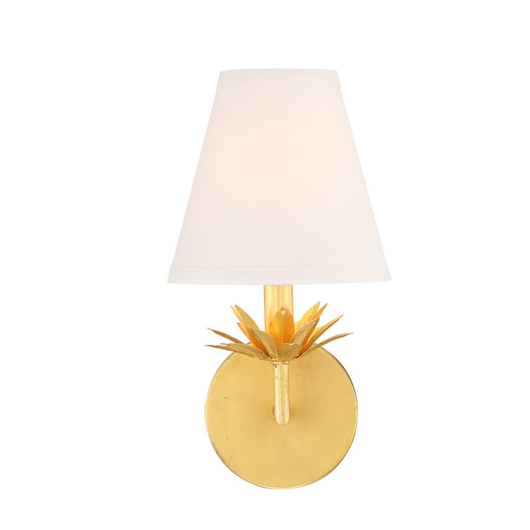 True Gold Floral Bobeche Wall Sconce with White Linen Shade