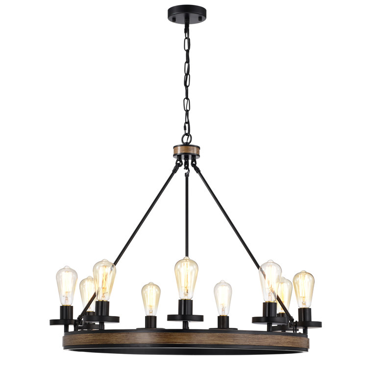 Black and Wood Grain 9-Light Wagon Wheel Chandelier