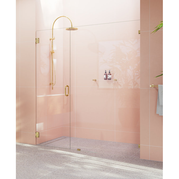 Illume 76.25 in. x 78 in. Frameless Clear Glass Shower Door with Polished Brass Hardware