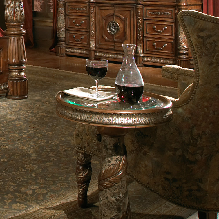 Traditional Brown Wood and Stone Round Chairside Table