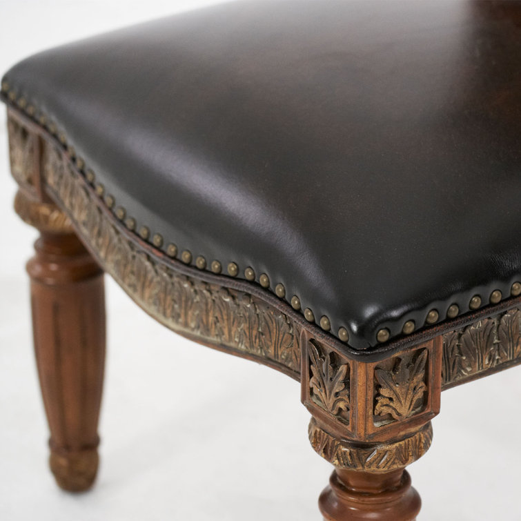 Traditional Brown Leather Upholstered Wood Side Chair